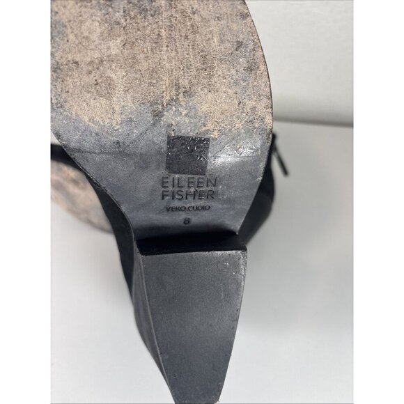 Eileen Fisher Tag Wrap-Snap Leather Booties Black Size 8 Block Heel Ankle Spot - Picture 10 of 11